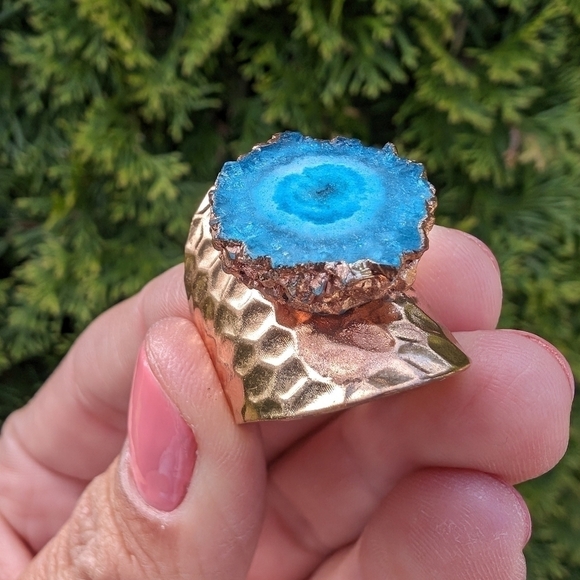 Artisan Handmade In Morocco Adjustable Blue Geode Wide Band Gold Ring Size 8.75 - Picture 7 of 8